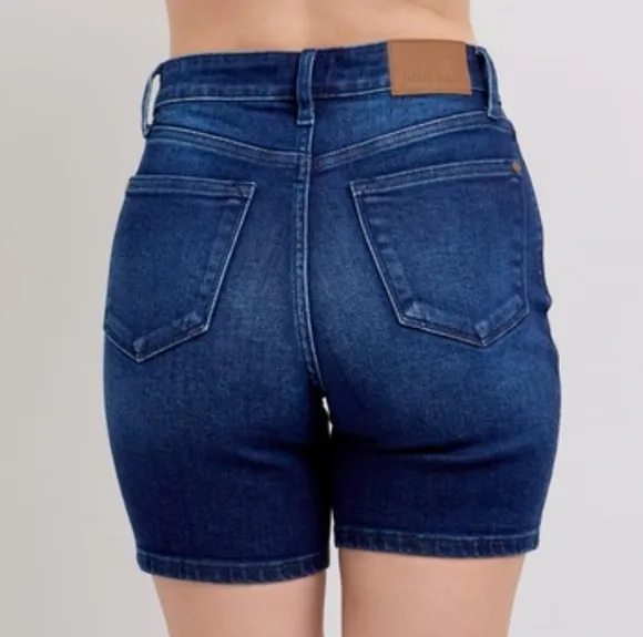 Judy Blue High Rise V-waist Slim Fit Denim Skinny Jean Dark Blue Bermuda Shorts