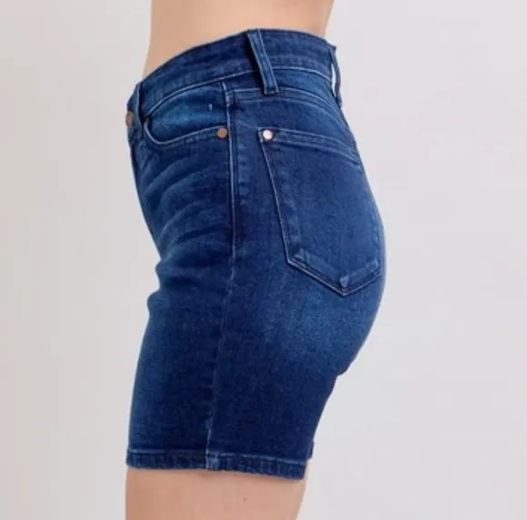 Judy Blue High Rise V-waist Slim Fit Denim Skinny Jean Dark Blue Bermuda Shorts