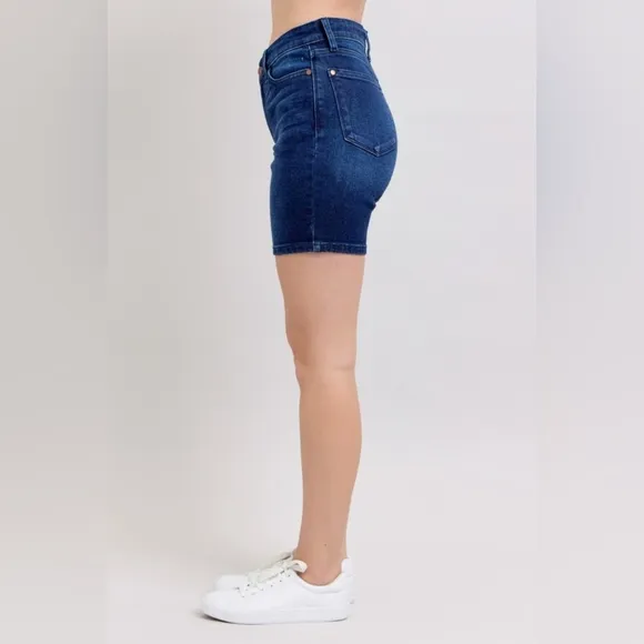 Judy Blue High Rise V-waist Slim Fit Denim Skinny Jean Dark Blue Bermuda Shorts