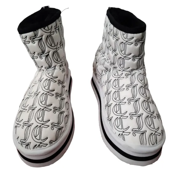 Juicy Couture Black Boots Size 7 fur lined womens white lightweight high logo