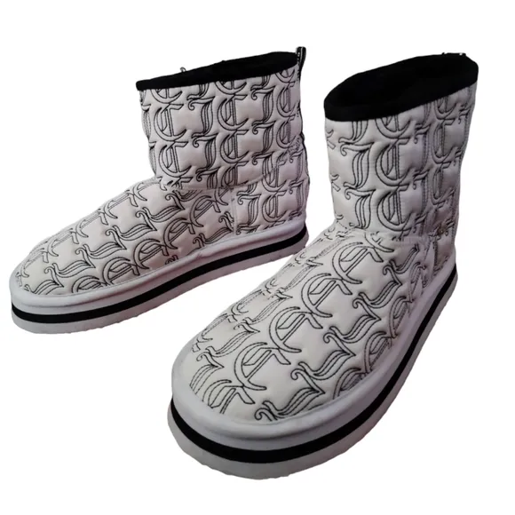 Juicy Couture Black Boots Size 7 fur lined womens white lightweight high logo