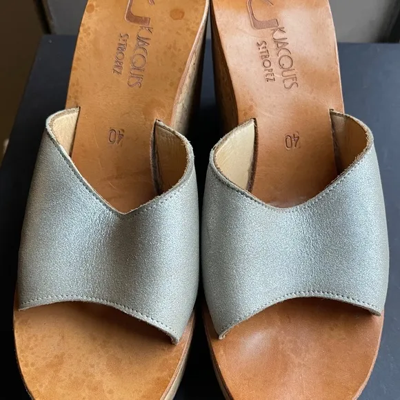 K Jacques St Tropez Silver Leather Cork Platform Slides