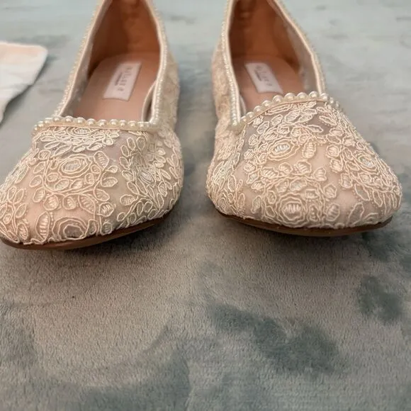 Kailee P. Shoes Womens 10 Ivory Crochet Lace Pearl Trim Ballet Flats /Dust Bag