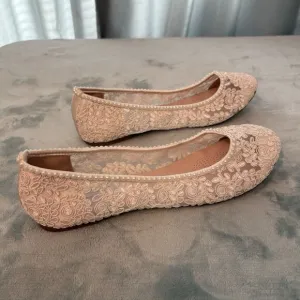 Kailee P. Shoes Womens 10 Ivory Crochet Lace Pearl Trim Ballet Flats /Dust Bag