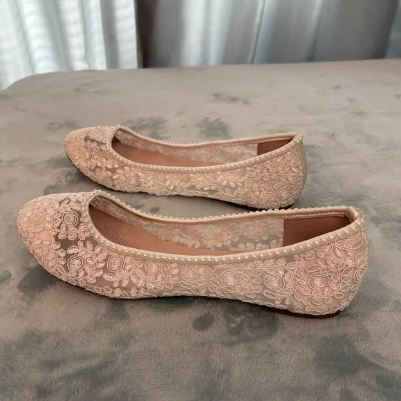 Kailee P. Shoes Womens 10 Ivory Crochet Lace Pearl Trim Ballet Flats /Dust Bag