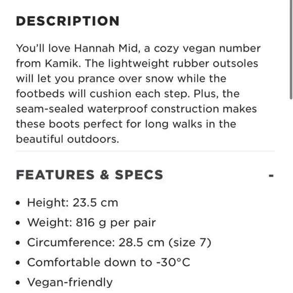 KAMIK &quot;HANNAH&quot; MID BLACK VEGAN LIGHTWEIGHT WATERPROOF WINTER BOOTS. NWT&amp;B🆕