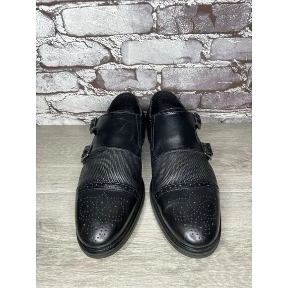 KARL LAGERFELD Black Leather Double Monk Strap Loafers Shoes Men 11.5M US/44.5EU