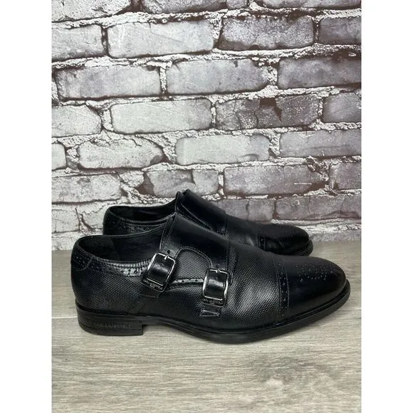 KARL LAGERFELD Black Leather Double Monk Strap Loafers Shoes Men 11.5M US/44.5EU
