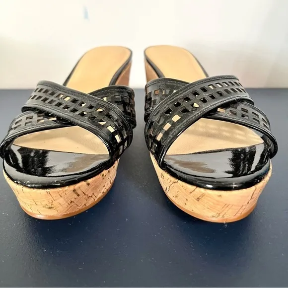 Kate Spade Tawny Black Patent Leather Natural Cork Peep Toe Wedge Sandals Size 9