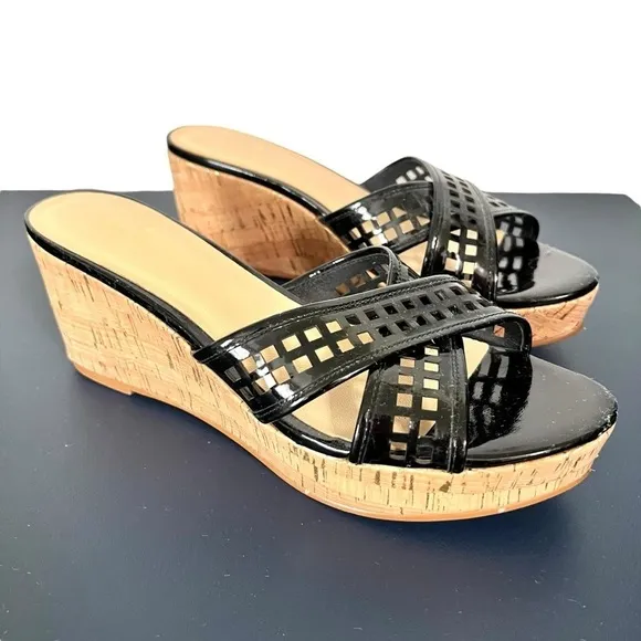 Kate Spade Tawny Black Patent Leather Natural Cork Peep Toe Wedge Sandals Size 9