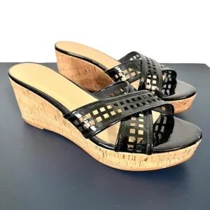 Kate Spade Tawny Black Patent Leather Natural Cork Peep Toe Wedge Sandals Size 9