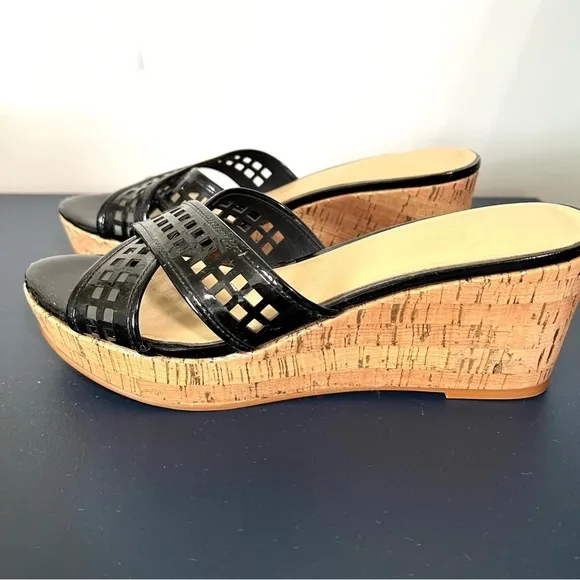 Kate Spade Tawny Black Patent Leather Natural Cork Peep Toe Wedge Sandals Size 9