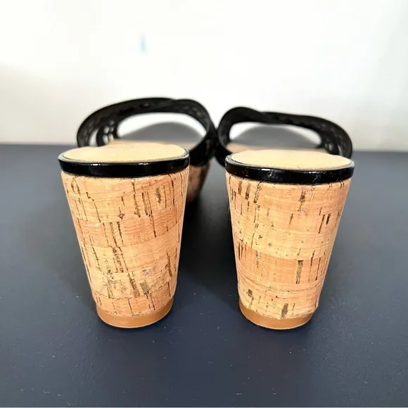 Kate Spade Tawny Black Patent Leather Natural Cork Peep Toe Wedge Sandals Size 9