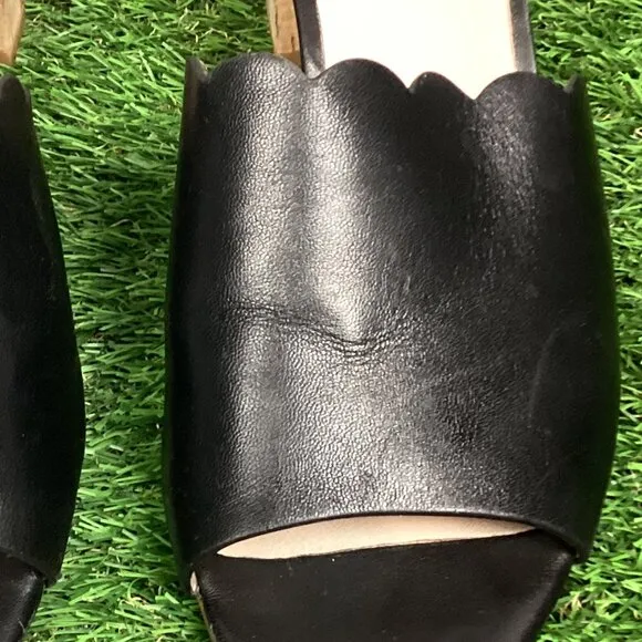 Kate Spade Warren Black Leather Cork Block Heel Slide Scalloped Edge Mule 8.5M