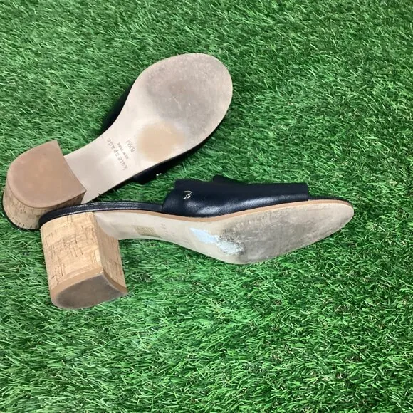 Kate Spade Warren Black Leather Cork Block Heel Slide Scalloped Edge Mule 8.5M