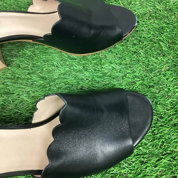 Kate Spade Warren Black Leather Cork Block Heel Slide Scalloped Edge Mule 8.5M