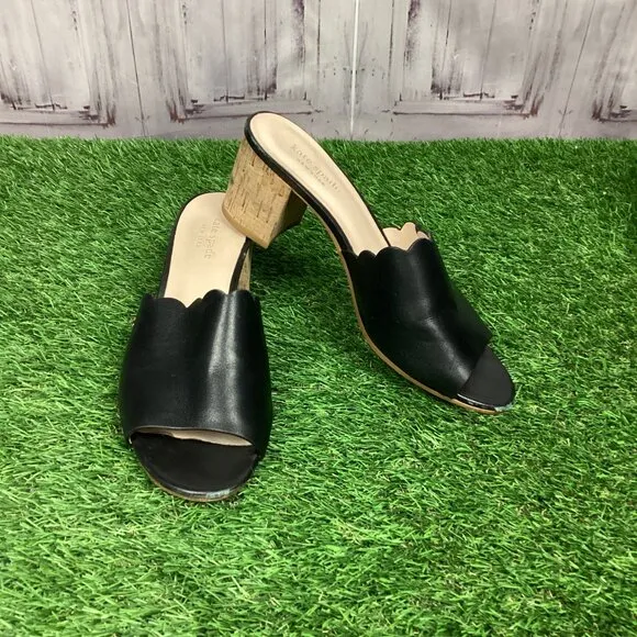 Kate Spade Warren Black Leather Cork Block Heel Slide Scalloped Edge Mule 8.5M