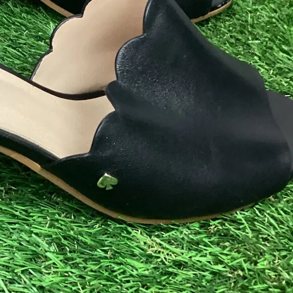 Kate Spade Warren Black Leather Cork Block Heel Slide Scalloped Edge Mule 8.5M