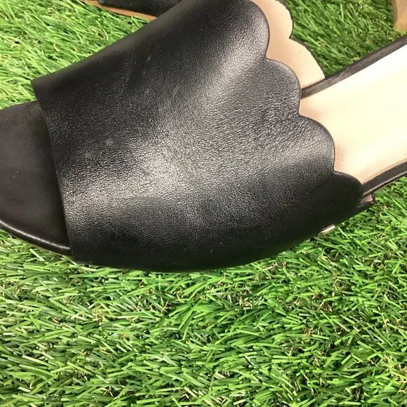Kate Spade Warren Black Leather Cork Block Heel Slide Scalloped Edge Mule 8.5M