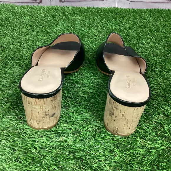 Kate Spade Warren Black Leather Cork Block Heel Slide Scalloped Edge Mule 8.5M