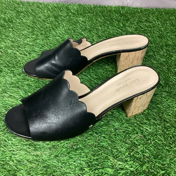 Kate Spade Warren Black Leather Cork Block Heel Slide Scalloped Edge Mule 8.5M