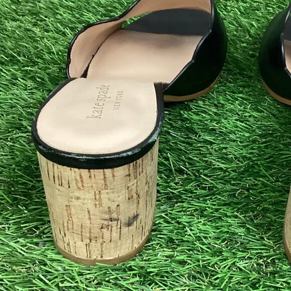 Kate Spade Warren Black Leather Cork Block Heel Slide Scalloped Edge Mule 8.5M