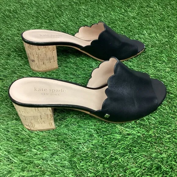 Kate Spade Warren Black Leather Cork Block Heel Slide Scalloped Edge Mule 8.5M