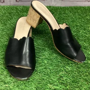 Kate Spade Warren Black Leather Cork Block Heel Slide Scalloped Edge Mule 8.5M