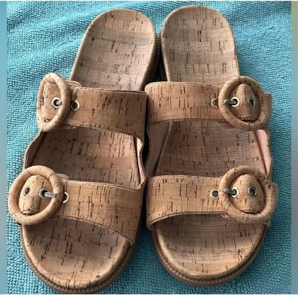Kate Spade Women's 10 Rhodes Double Buckle Strap Cork Sandals Natural Tan Slides