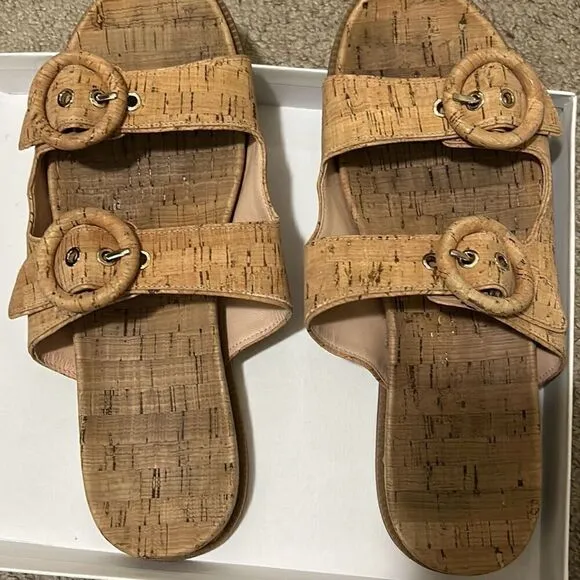 Kate Spade Women's 10 Rhodes Double Buckle Strap Cork Sandals Natural Tan Slides