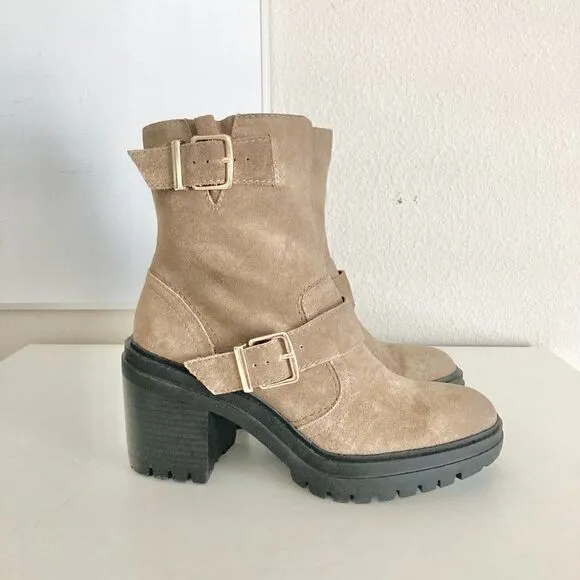 Kenneth Cole New York Women Rhode Heel Buckle Suede Brown Boots NWT size 6.5