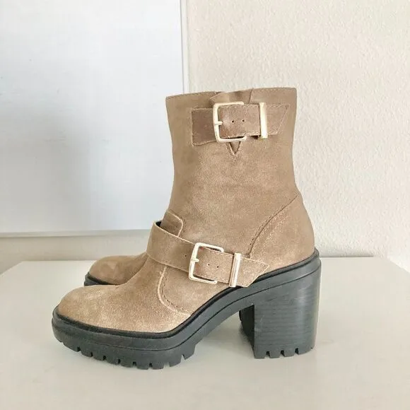 Kenneth Cole New York Women Rhode Heel Buckle Suede Brown Boots NWT size 6.5