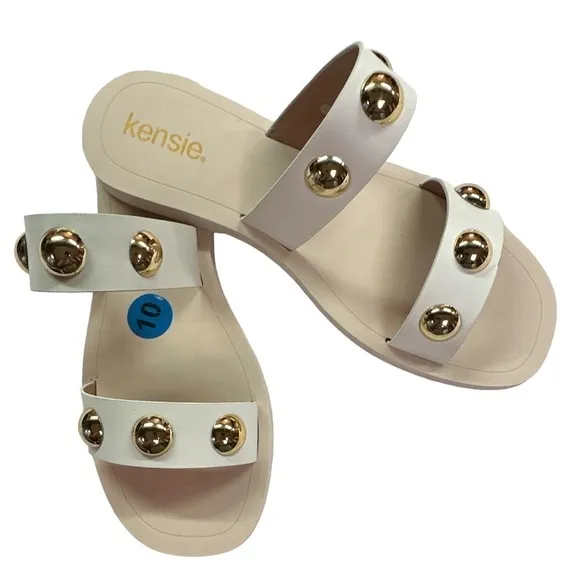 Kensie Lucinda Creamy White Two Faux Straps Gold Dome Spheres Flats Size 10