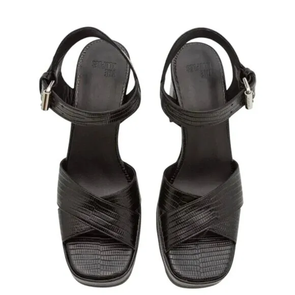 Kooples Black Leather Platform Sandals Adjustable Buckle Strap &amp; 10cm Block Heel