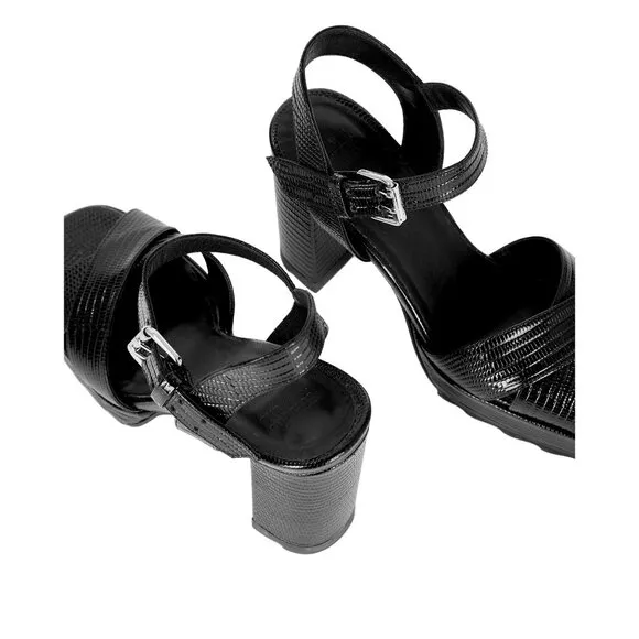 Kooples Black Leather Platform Sandals Adjustable Buckle Strap &amp; 10cm Block Heel