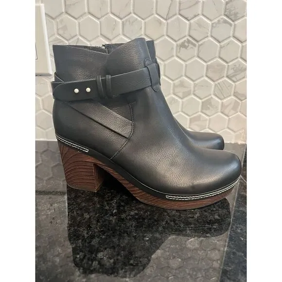 Kork-Ease Ankle Bootie Leather Black Block Heel Women's 7.5 Trisha retail‎ $230