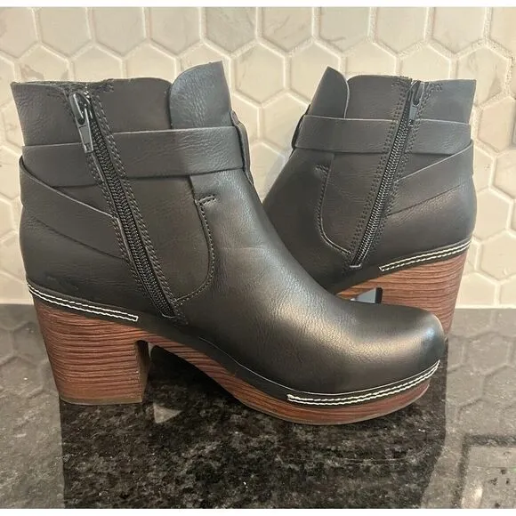 Kork-Ease Ankle Bootie Leather Black Block Heel Women's 7.5 Trisha retail‎ $230