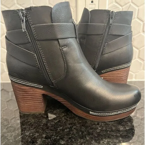 Kork-Ease Ankle Bootie Leather Black Block Heel Women's 7.5 Trisha retail‎ $230