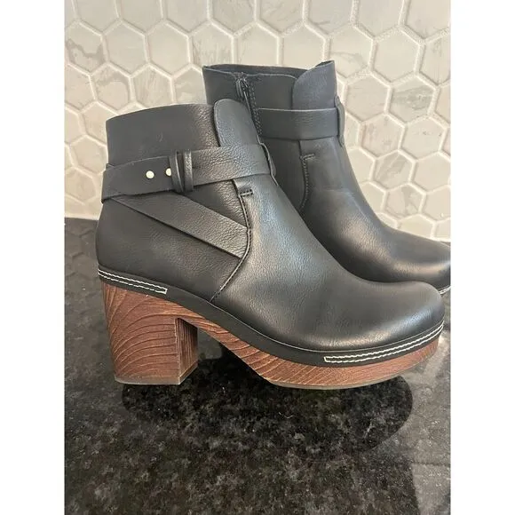 Kork-Ease Ankle Bootie Leather Black Block Heel Women's 7.5 Trisha retail‎ $230