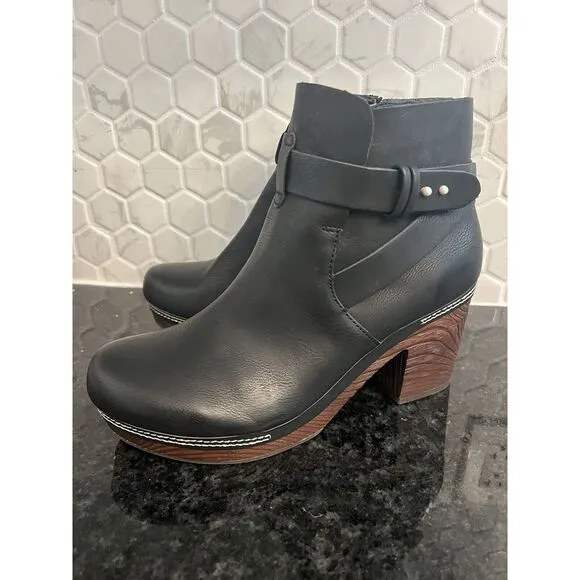 Kork-Ease Ankle Bootie Leather Black Block Heel Women's 7.5 Trisha retail‎ $230