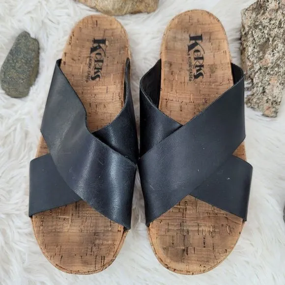 Korks cross.strap black leather slides