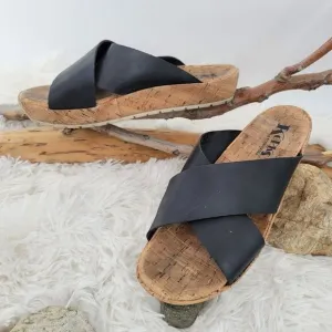 Korks cross.strap black leather slides