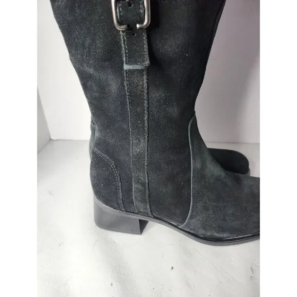 La Canadienne Womens Tall Boots Sz 7M Black Suede Leather Block Heel Round Toe