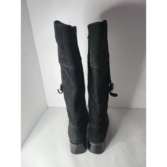 La Canadienne Womens Tall Boots Sz 7M Black Suede Leather Block Heel Round Toe
