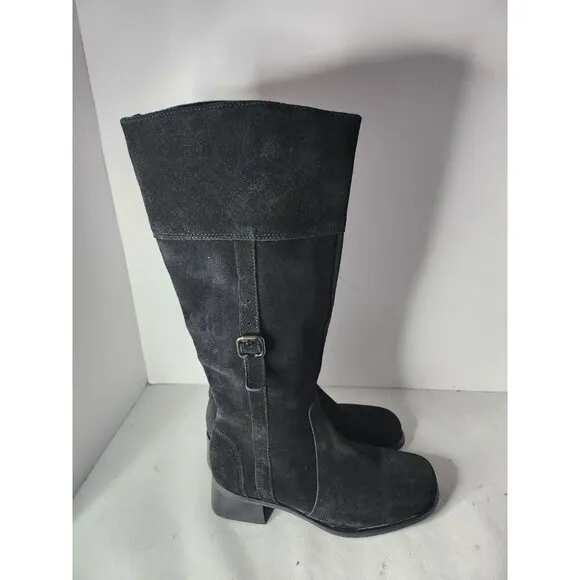 La Canadienne Womens Tall Boots Sz 7M Black Suede Leather Block Heel Round Toe