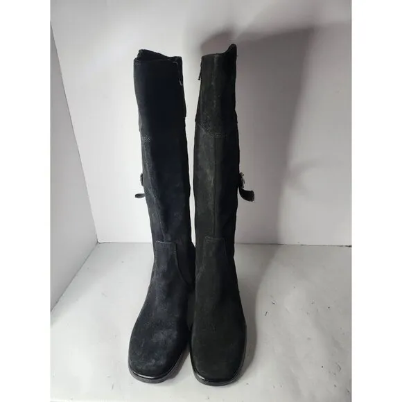 La Canadienne Womens Tall Boots Sz 7M Black Suede Leather Block Heel Round Toe