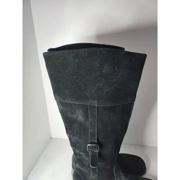 La Canadienne Womens Tall Boots Sz 7M Black Suede Leather Block Heel Round Toe