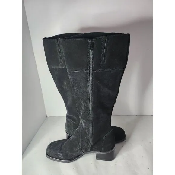 La Canadienne Womens Tall Boots Sz 7M Black Suede Leather Block Heel Round Toe
