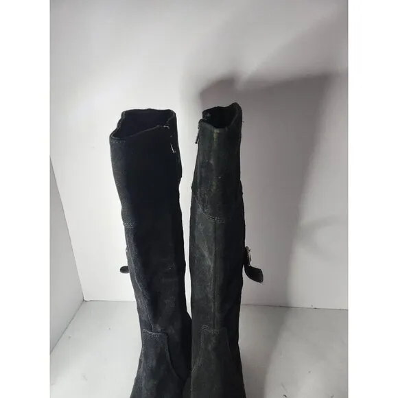 La Canadienne Womens Tall Boots Sz 7M Black Suede Leather Block Heel Round Toe