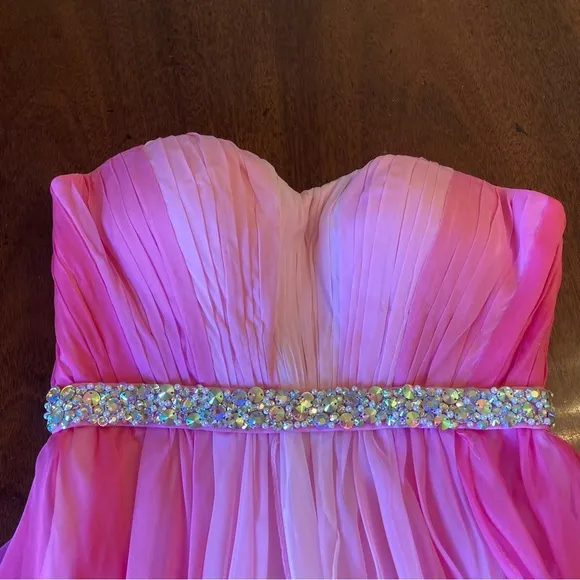 LA FEMME Pink Ombre Rhinestone Strapless Gown NWT